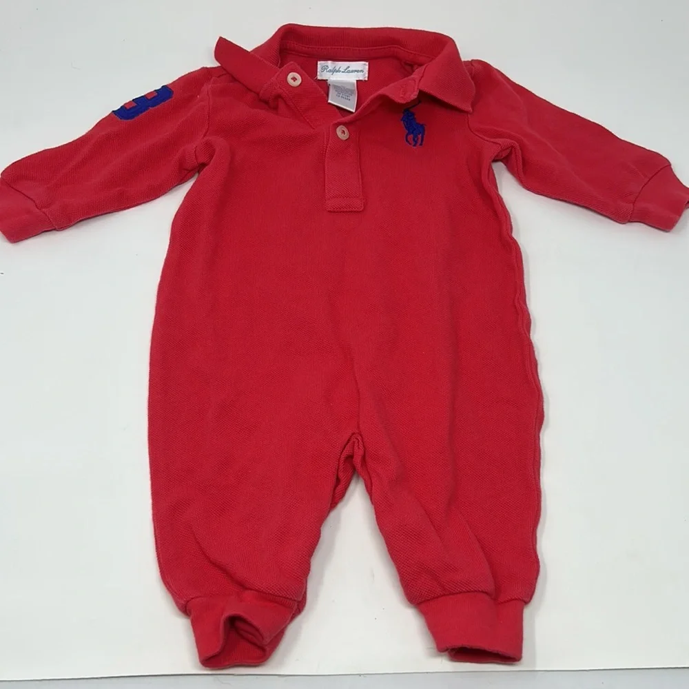 Ralph Lauren Polo Red Long Sleeve Collared Pant Outfit Size 3 Months